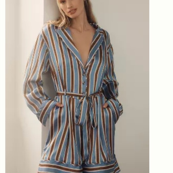 NEW NWT Anthropologie Blue Striped SATIN Romper long sleeve button down pajamas - Picture 2 of 4